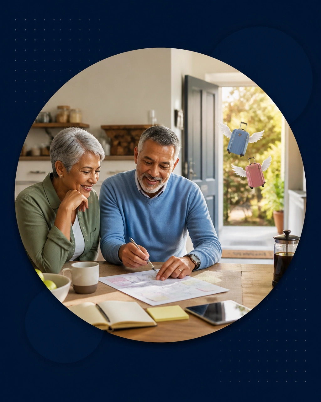 An older couple planning a new business at a kitchen table while two tiny winged suitcases fly out through the open front door