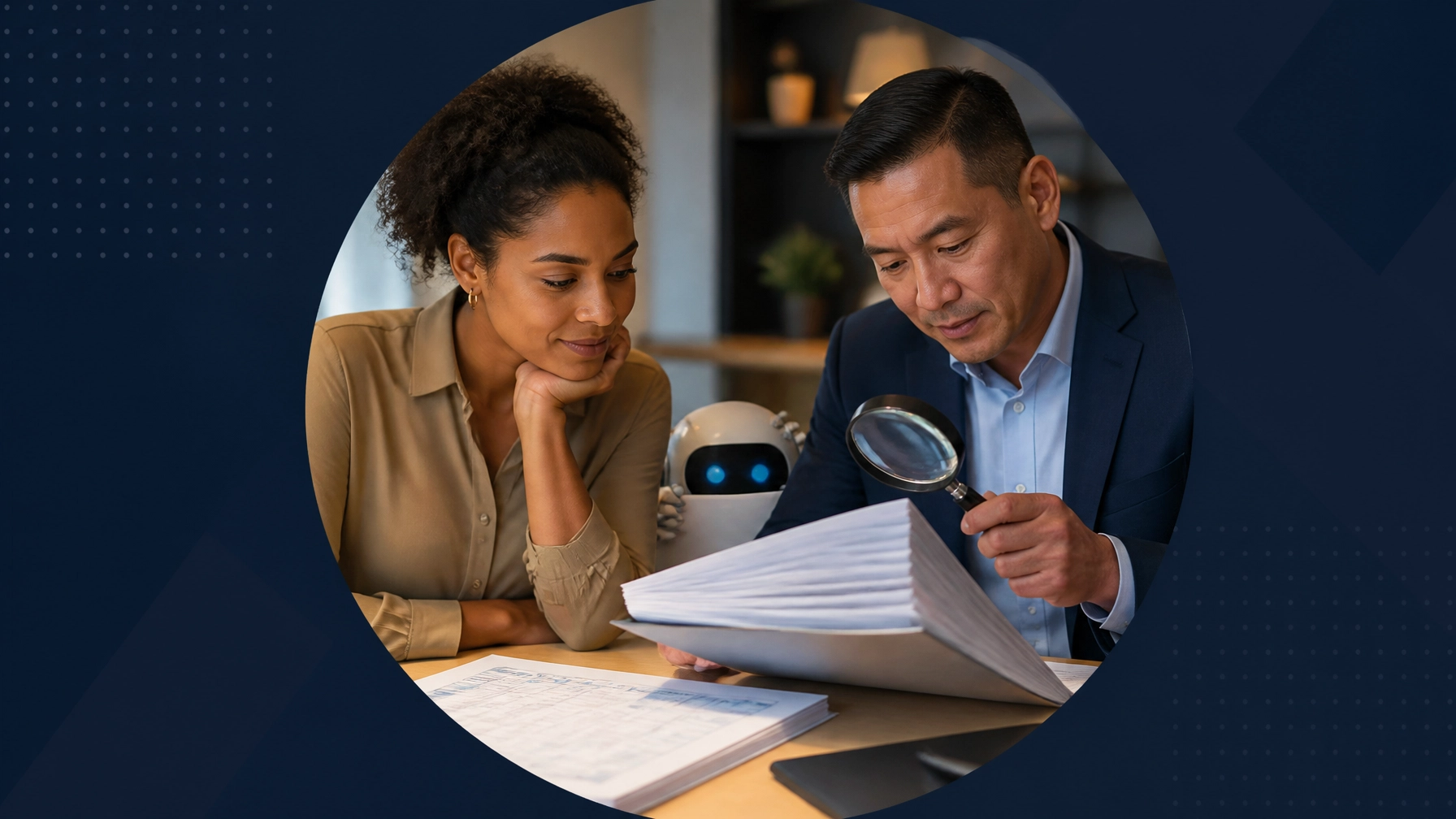 A prospective franchise owner and advisor examine a thick franchise disclosure document with a magnifying glass while a tiny robot peeks from behind the paperwork