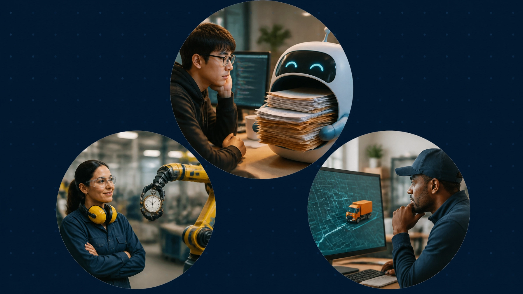 AI automation disrupting coding, manufacturing, and trucking work through humorous professional visual metaphors