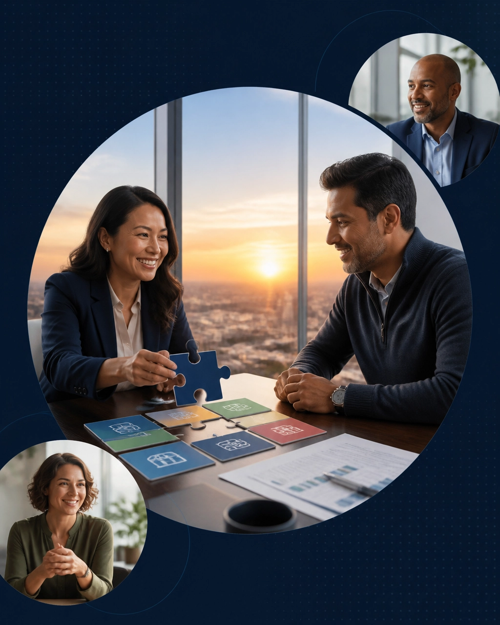 A franchise consultant and prospective owner matching color-coded opportunity cards with a city horizon behind them