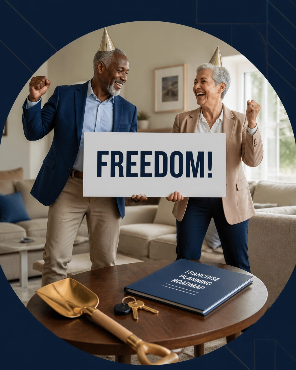 Retired couple in party hats celebrating with a Freedom sign, franchise planning folder, keys, and golden shovel