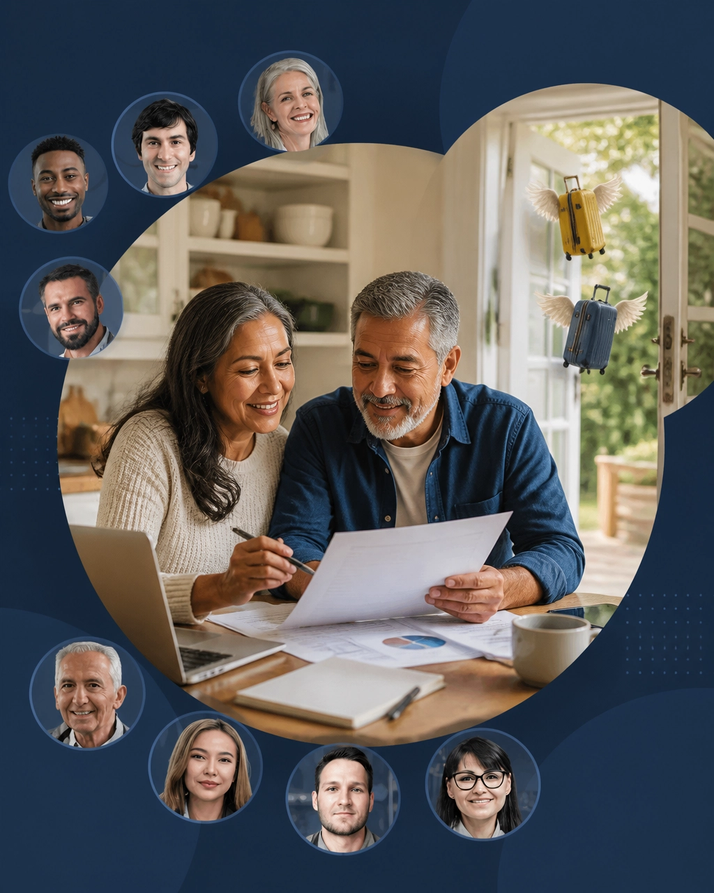 An older couple reviewing a franchise plan while two winged suitcases fly through an open doorway, symbolizing a new chapter after empty nesting