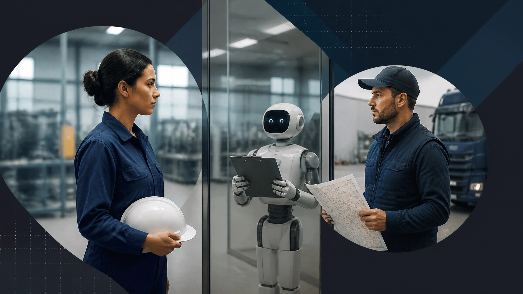 A manufacturing engineer and truck driver face a robot across a glass partition in a professional, humorous standoff
