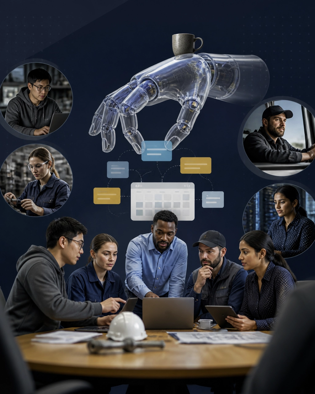Professionals from coding, manufacturing, trucking, and IT reviewing tasks being rearranged by an abstract robotic hand