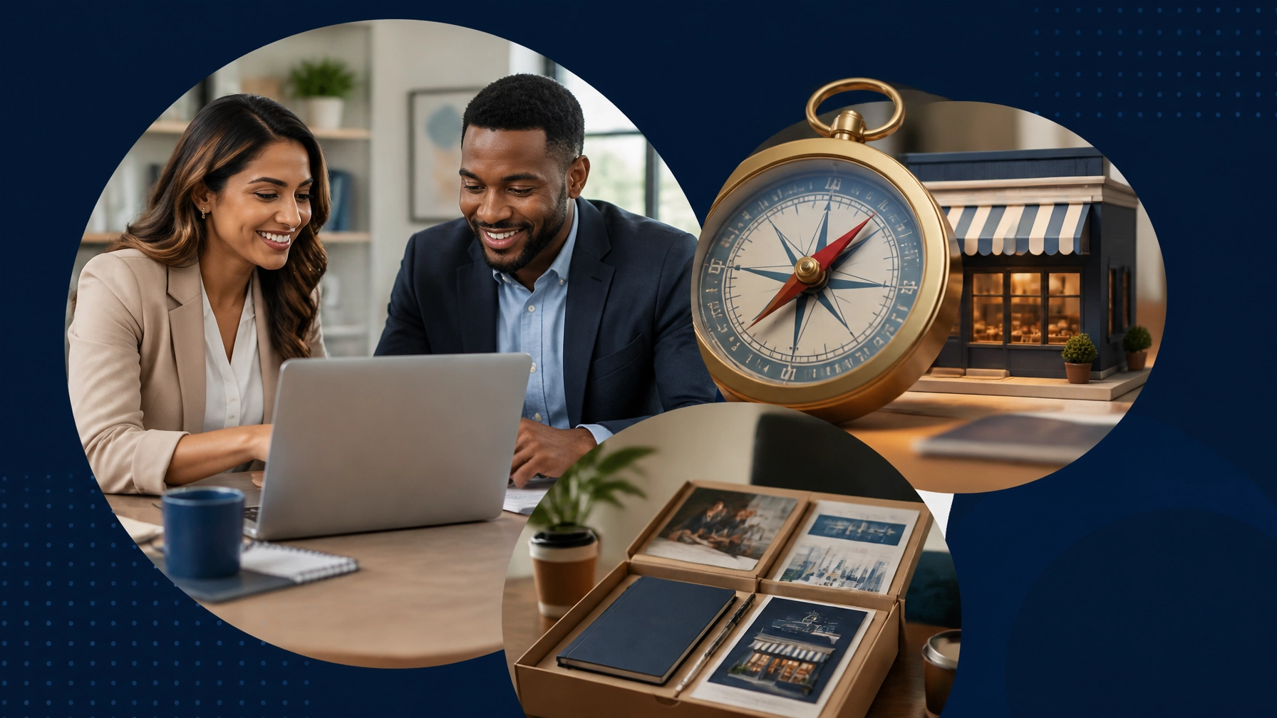 Two diverse professionals review franchise options beside an oversized compass and a business-in-a-box, symbolizing practical guidance toward the right opportunity