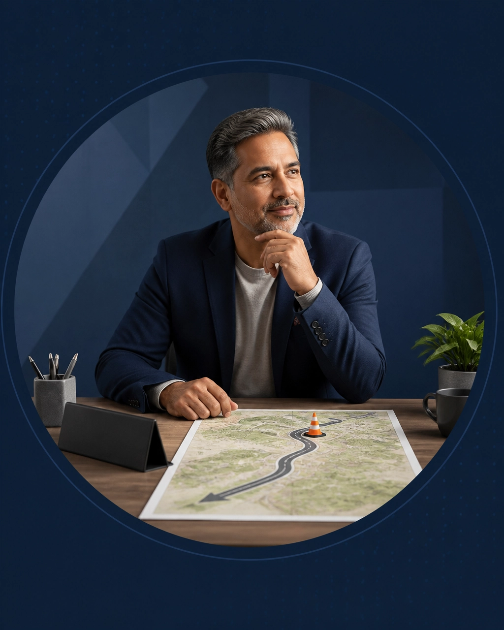 A thoughtful professional studies a franchise road map with a tiny traffic cone marking an unexpected but manageable obstacle