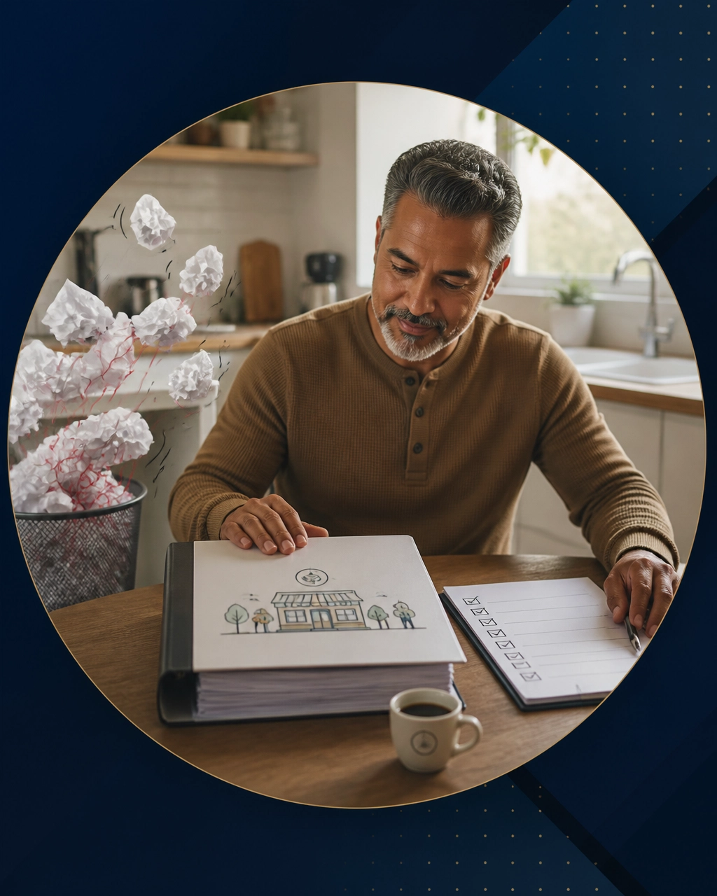 A professional man replaces a chaotic pile of papers with an organized operations binder and checklist at a kitchen table
