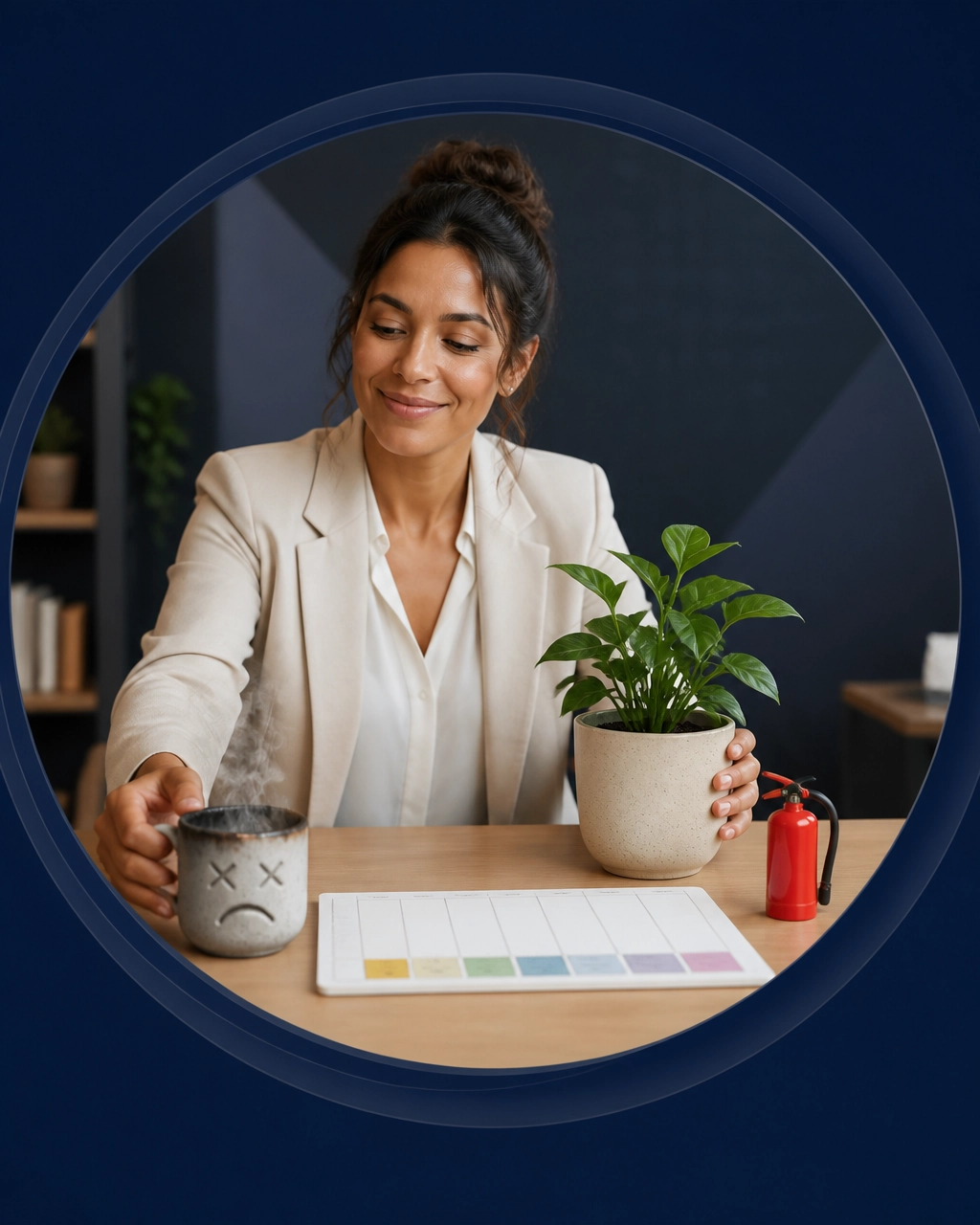 A professional replaces an exhausted coffee mug with a healthy plant and a calmer business schedule, with a tiny fire extinguisher nearby