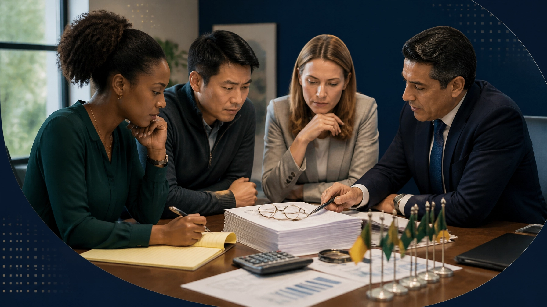 Prospective owners and an attorney carefully reviewing an FDD, calculator, financial worksheet, and due-diligence flags