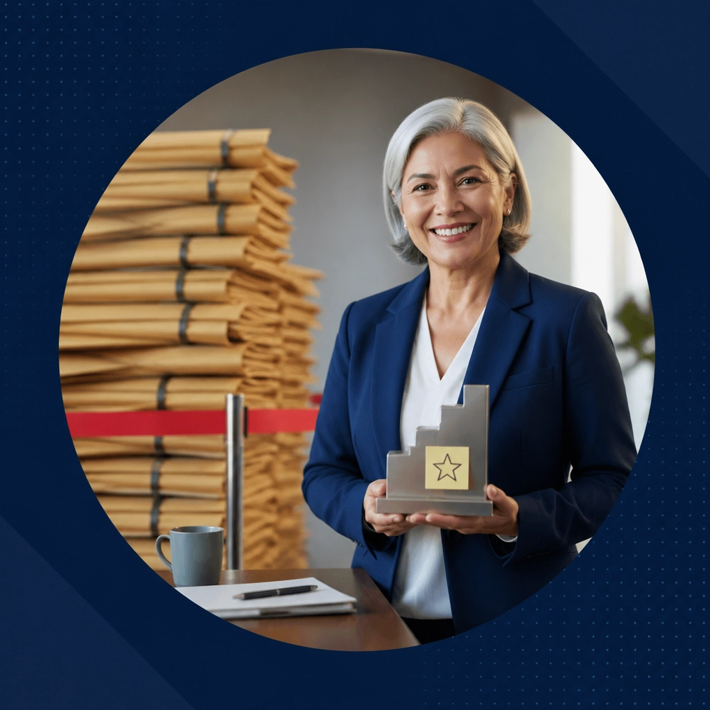 Experienced professional holding a staircase-shaped trophy beside a finish line and organized folders