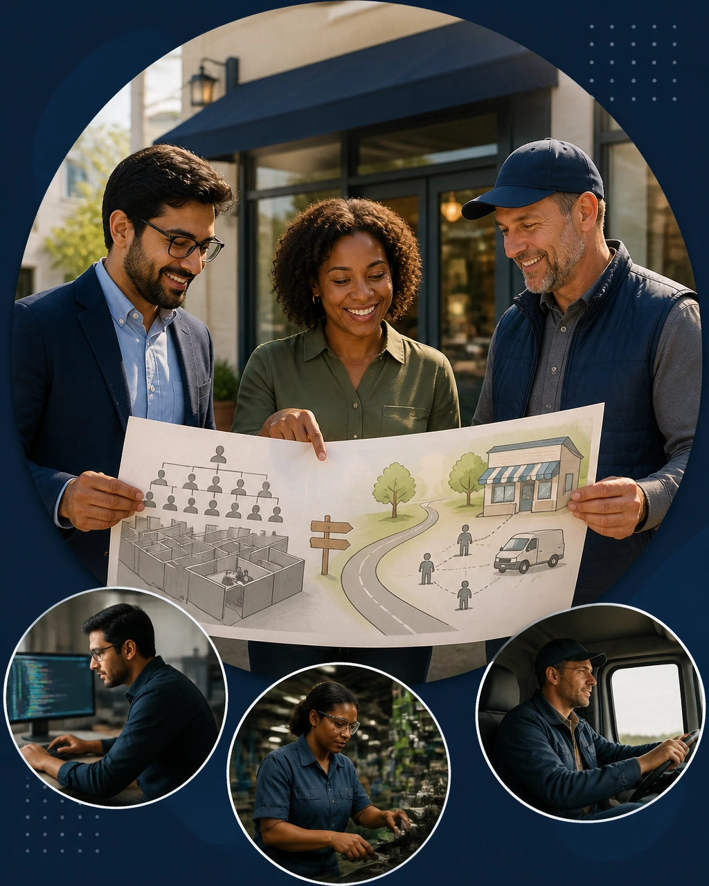 Three professionals with backgrounds in software, manufacturing, and trucking reviewing a roadmap from corporate employment to a local franchise