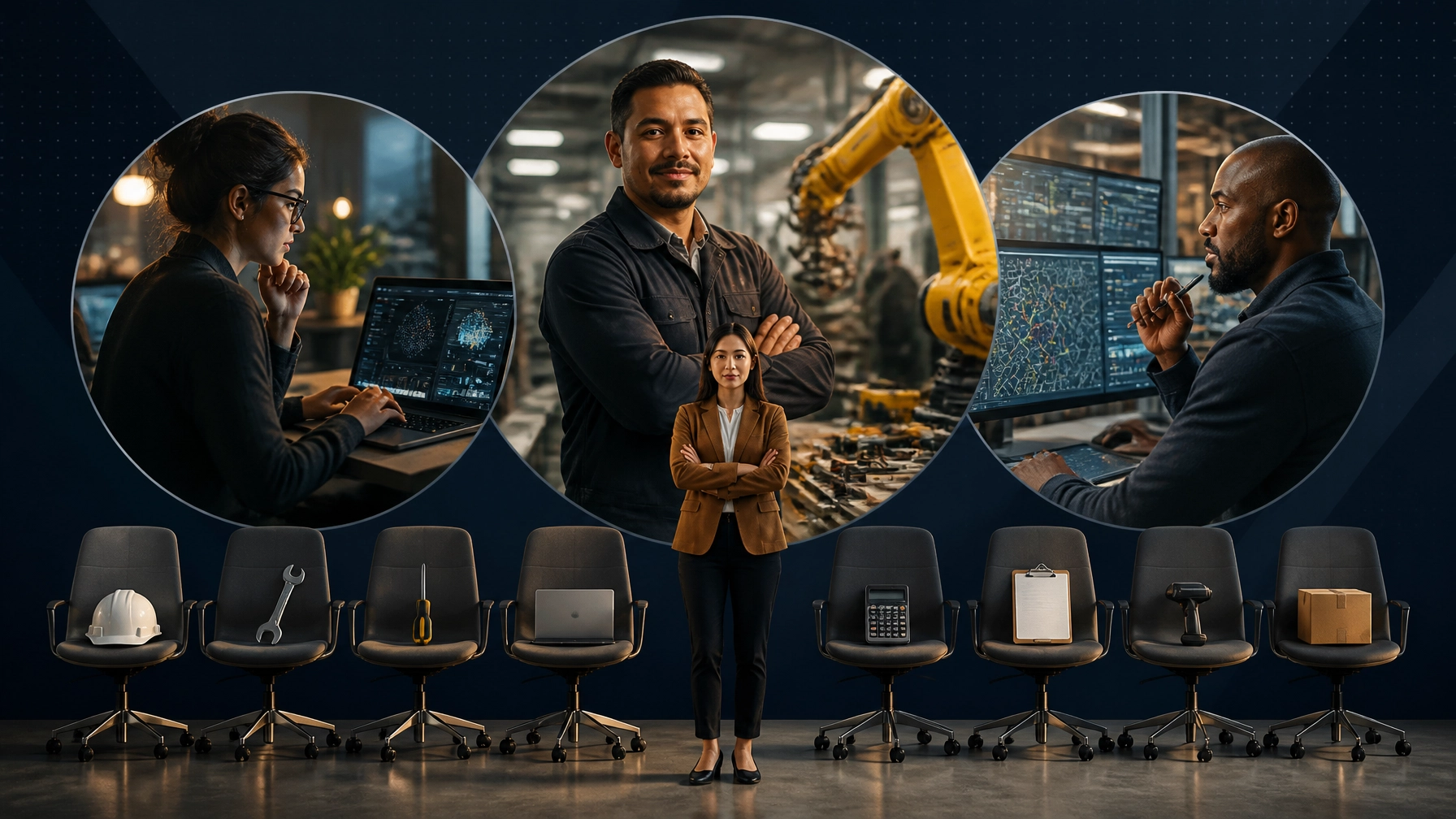 Professionals in IT, manufacturing, and logistics surrounded by automation and empty workstations
