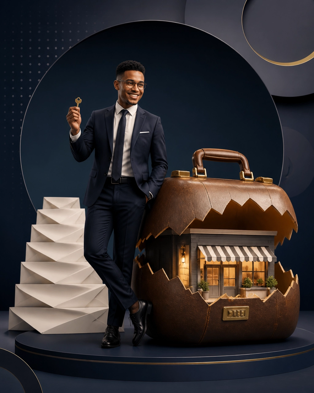 Professional standing beside a briefcase hatching into a small storefront, symbolizing a new business direction after a layoff