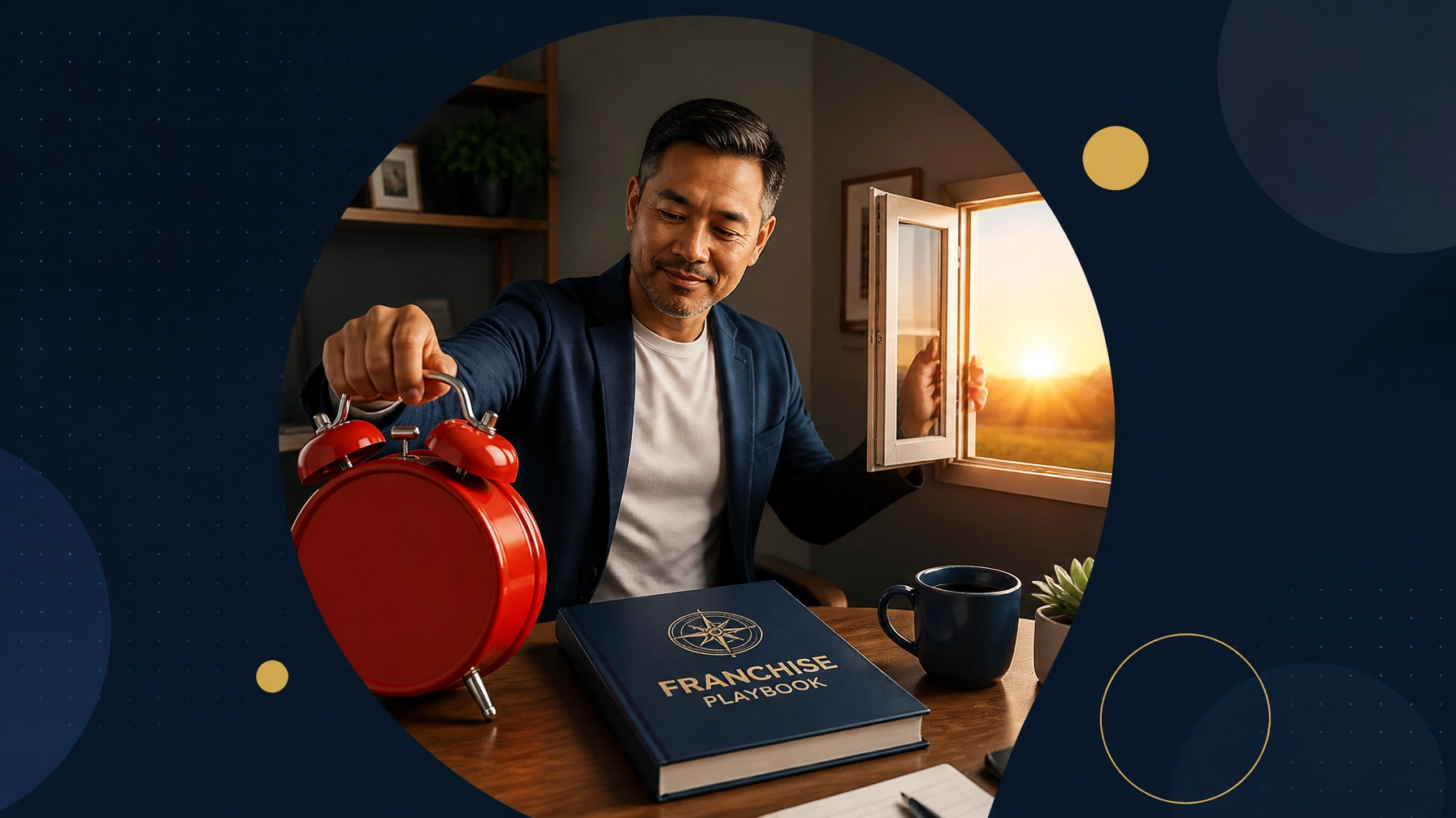 A professional turns off an oversized burnout alarm clock while opening a window toward a sunrise beside a franchise playbook