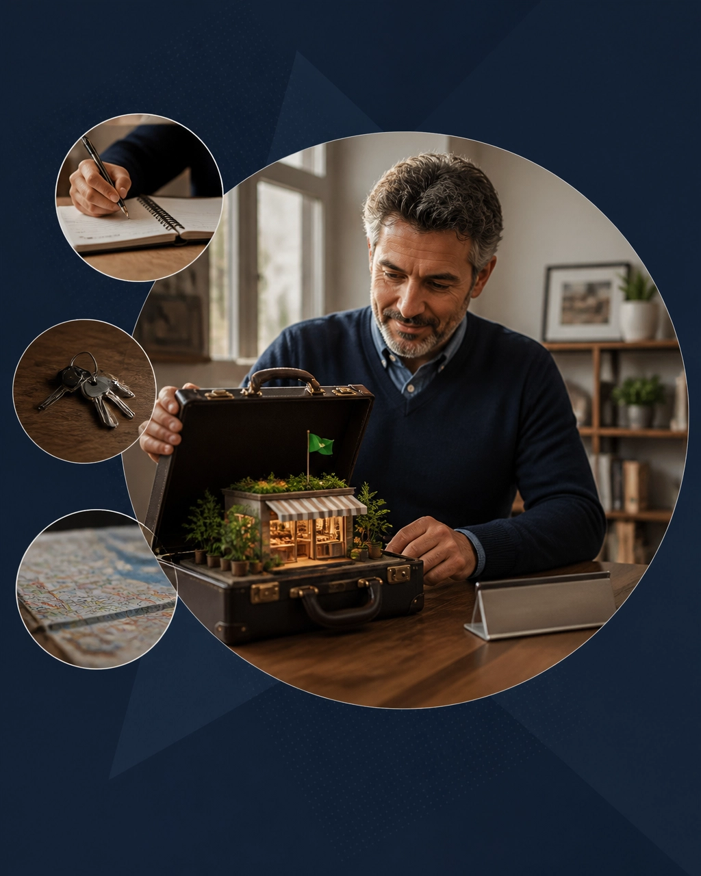 A professional opens a briefcase that is sprouting a miniature storefront, turning a forced career exit into a new business direction