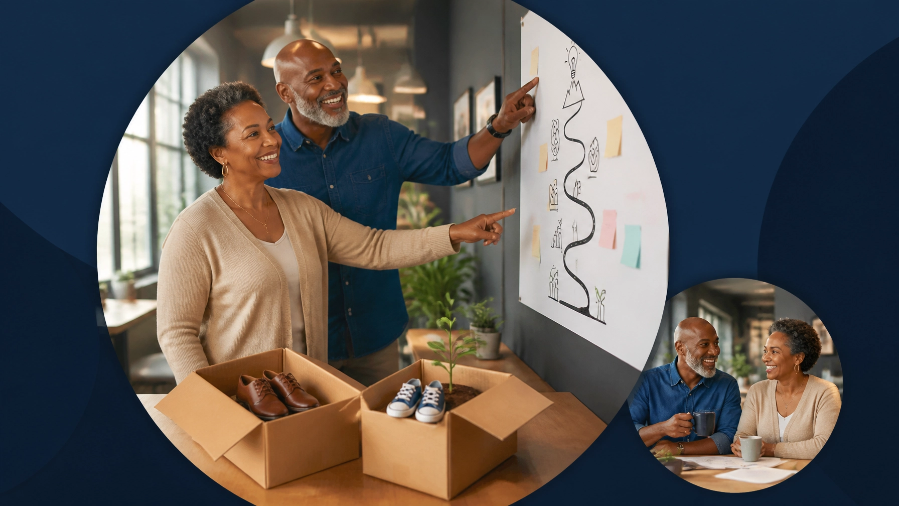 A mature couple reviews a new business roadmap while empty nesting boxes hold miniature shoes and a small seedling