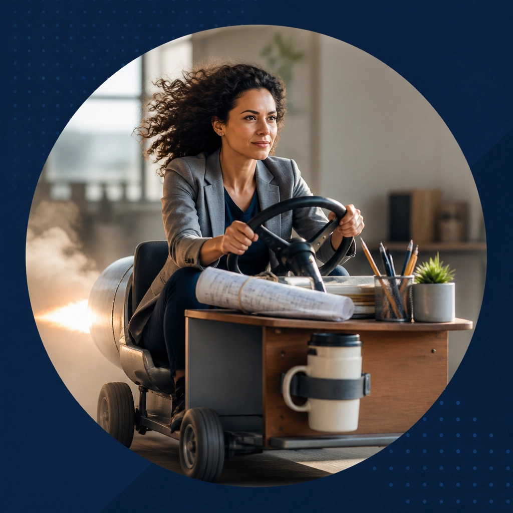 A professional woman humorously steering an office desk converted into a small business launch vehicle