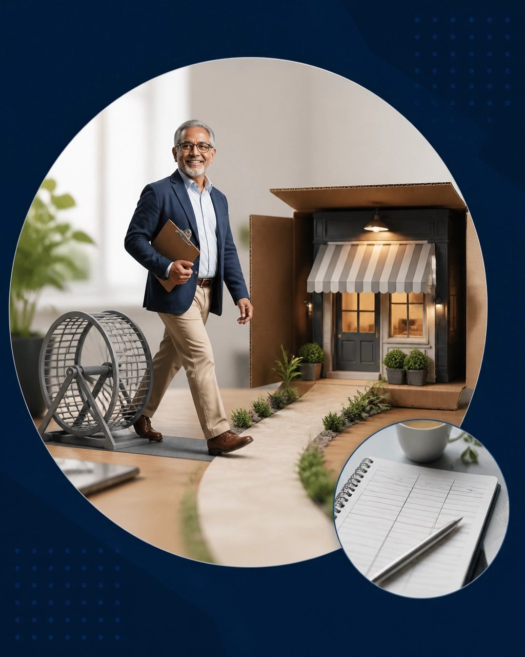 An older entrepreneur steps off a tiny hamster wheel and walks toward a welcoming storefront emerging from a business-in-a-box