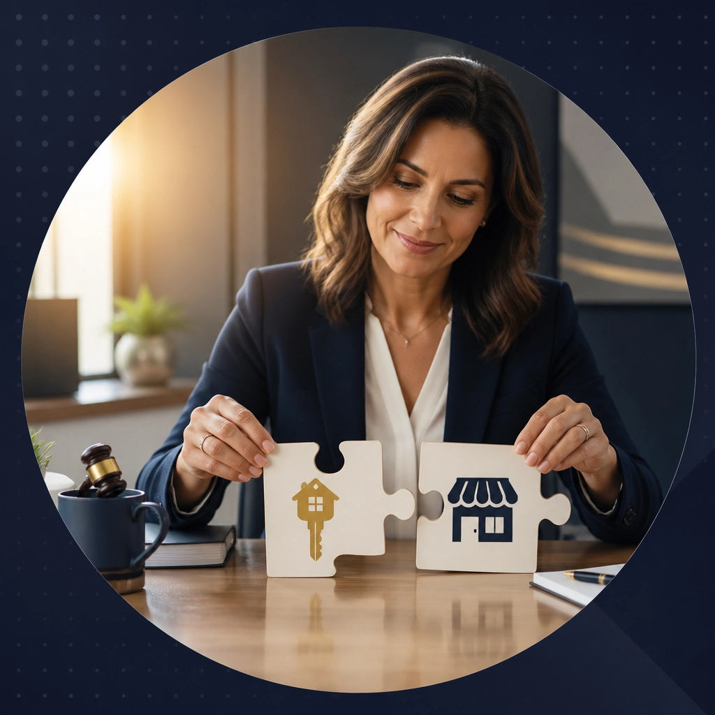 A woman entrepreneur fitting together a house-key puzzle piece and a storefront puzzle piece while a tiny gavel sits in a coffee mug