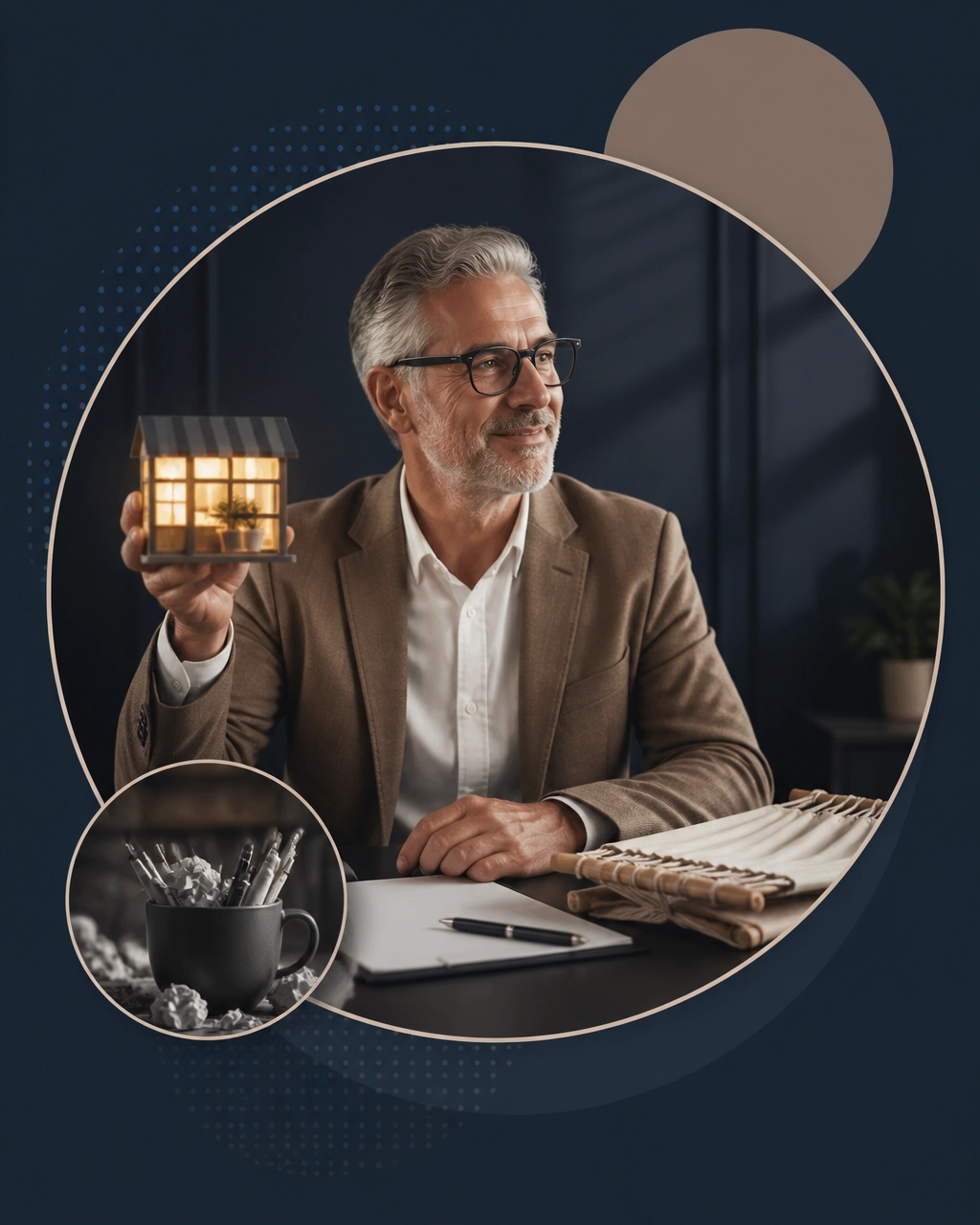 Mature professional holding a glowing miniature storefront lamp beside an unused hammock and overflowing desk cup, symbolizing a fresh direction after burnout or retirement boredom