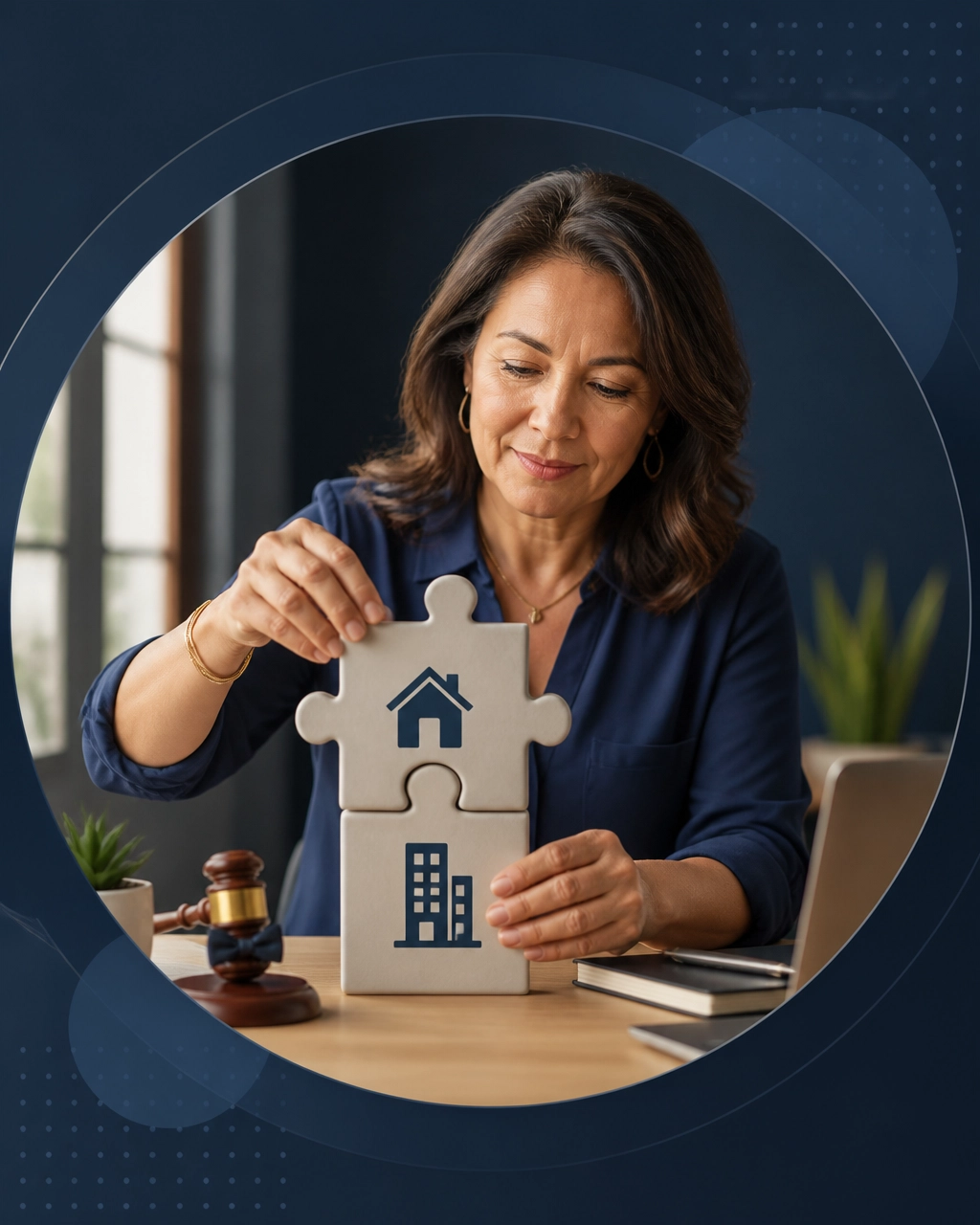 A professional woman assembles home and business puzzle pieces while a tiny bow-tied gavel adds gentle humor to the scene