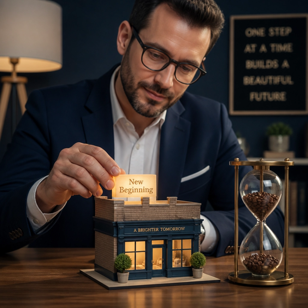 A thoughtful professional places a glowing “new beginning” block into a miniature storefront beside an hourglass, symbolizing patient rebuilding after loss