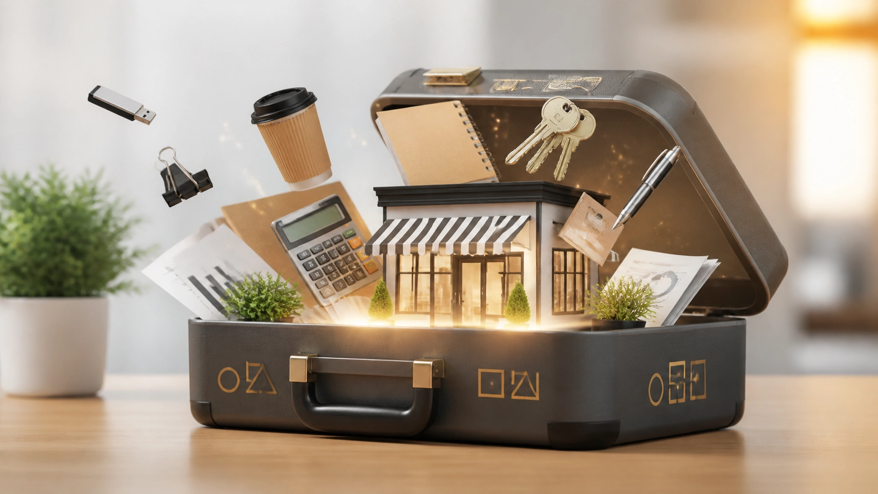 A suitcase marked with abstract symbols bursts open into tools, keys, and a tiny storefront