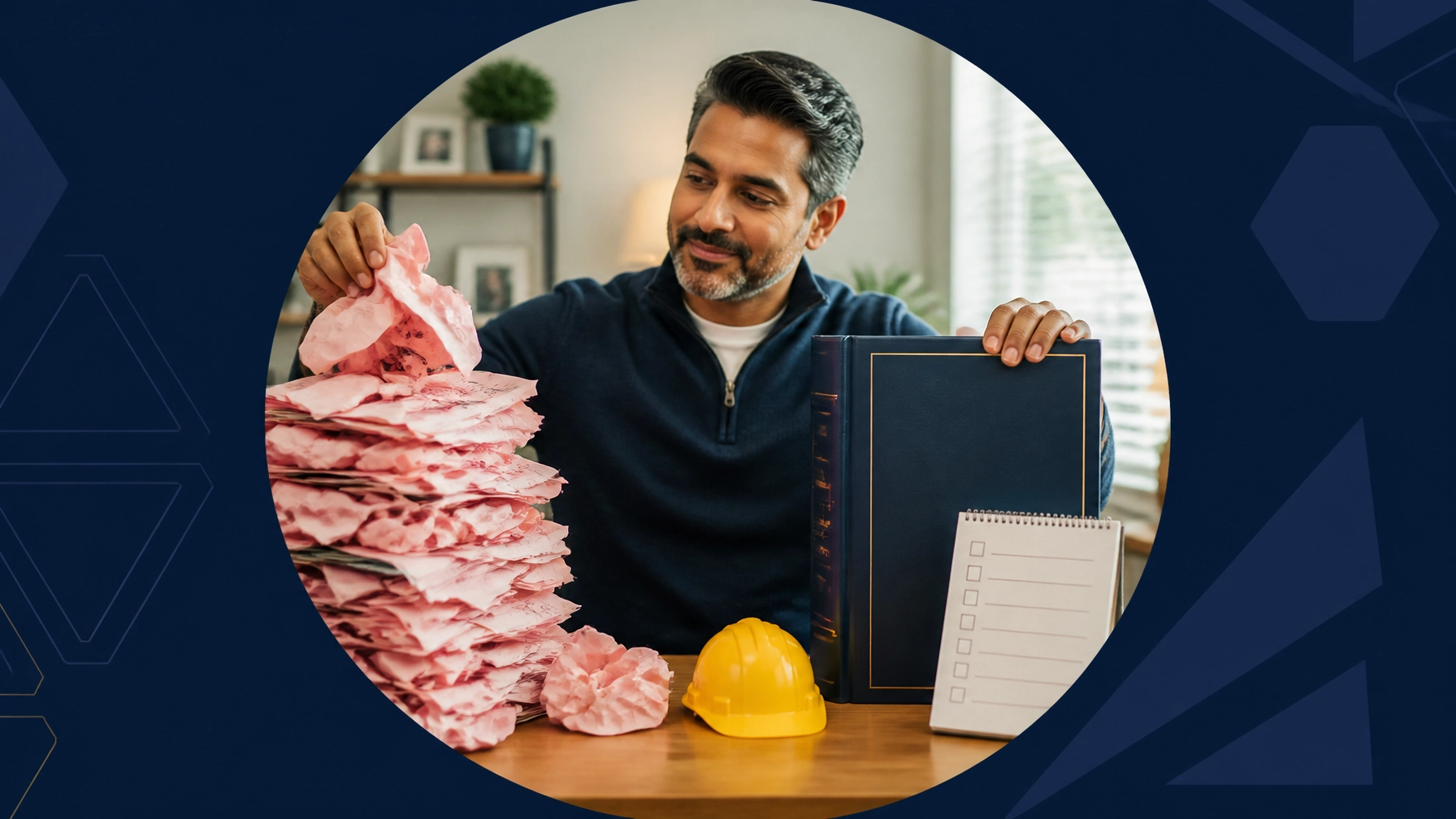 A professional replaces a chaotic tower of pink-slip papers with an organized franchise operations binder and checklist