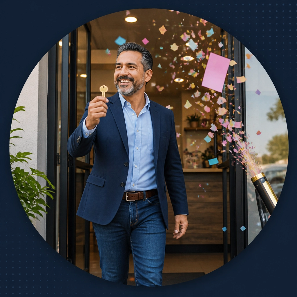 A laid-off professional walks into a modern storefront holding a key as a confetti cannon launches paper slips behind him