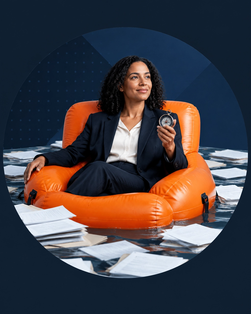 Professional in a suit relaxing in an office-chair life raft while holding a compass