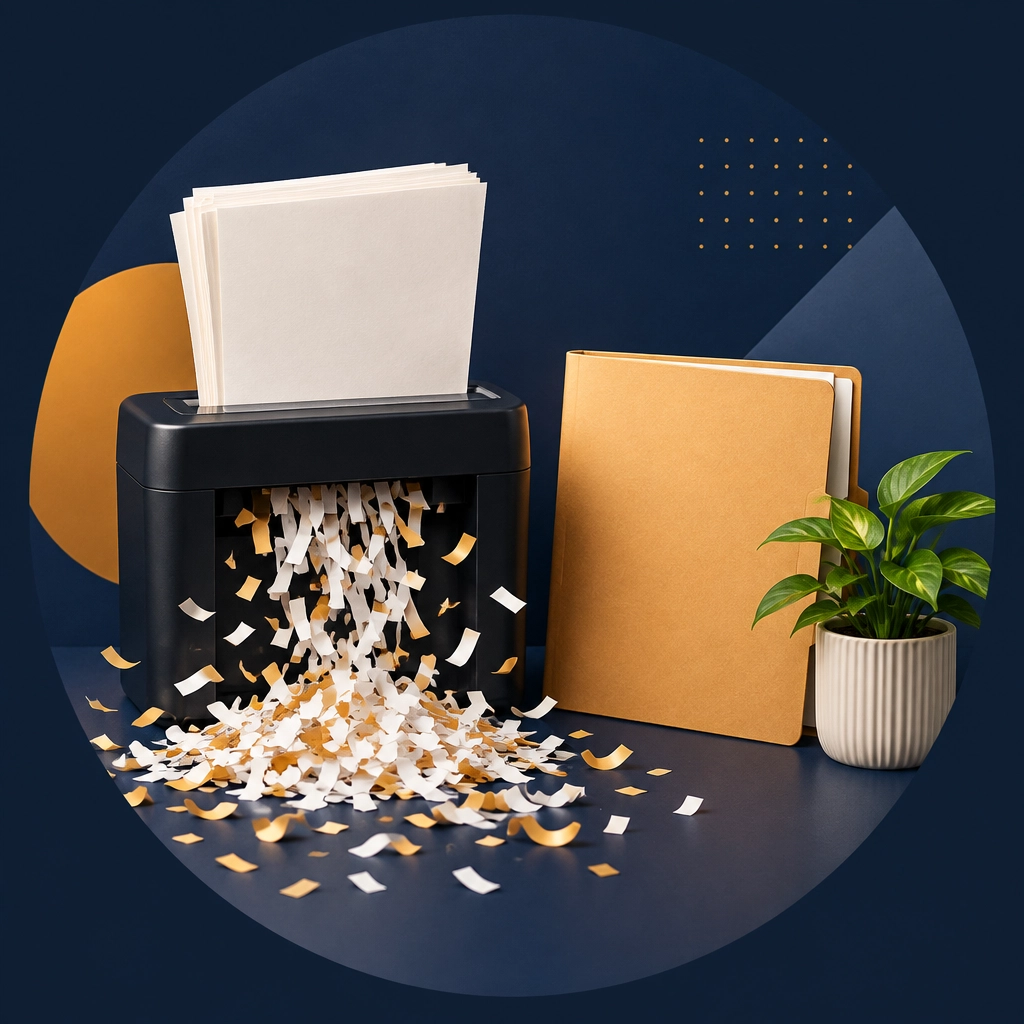 Blank legal papers are shredded into confetti beside a fresh business plan folder and plant