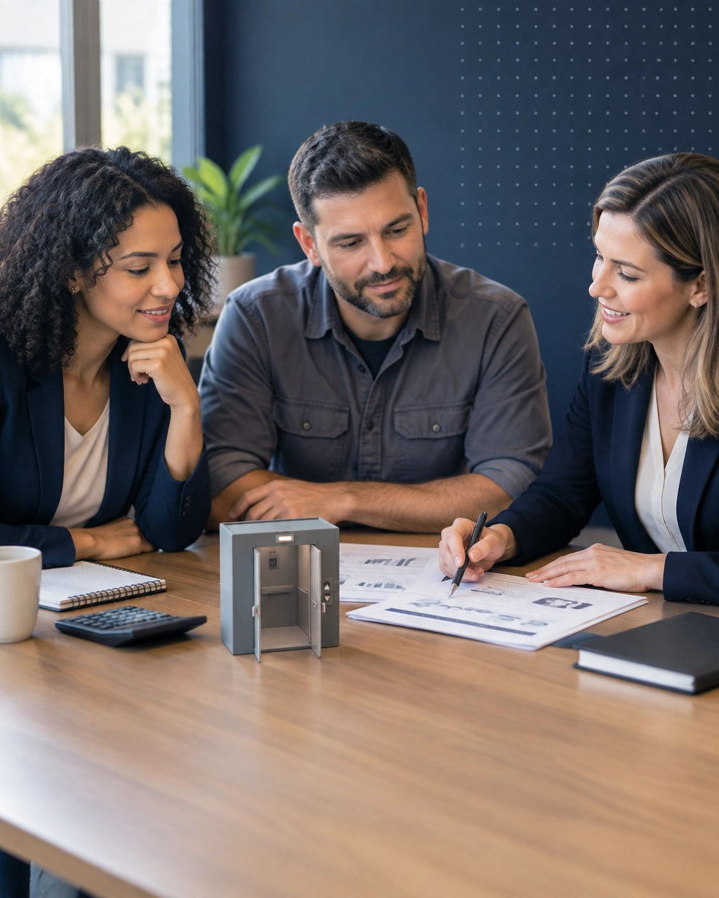 Professionals reviewing a career transition plan with an advisor