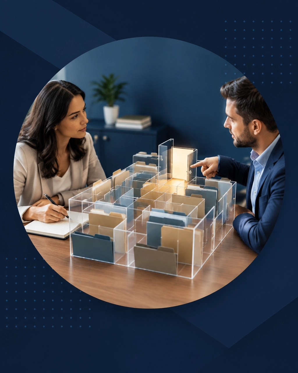 Professional franchise consultant and client studying a clear office-folder maze with an open path