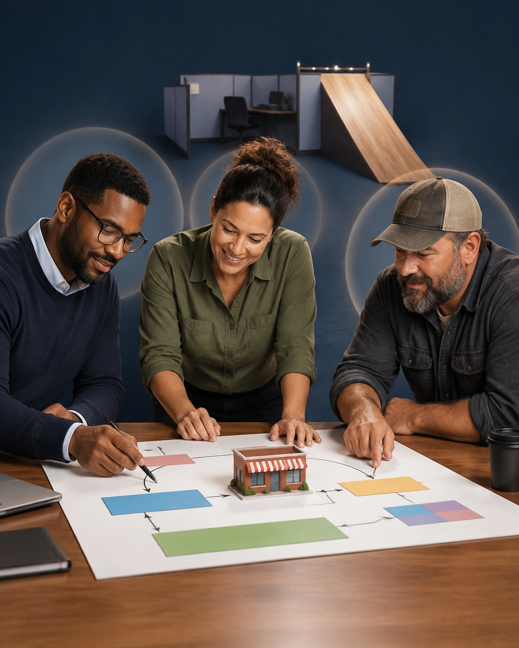 Three professionals from IT, manufacturing, and trucking plan a franchise business using a storefront model and a visual blueprint