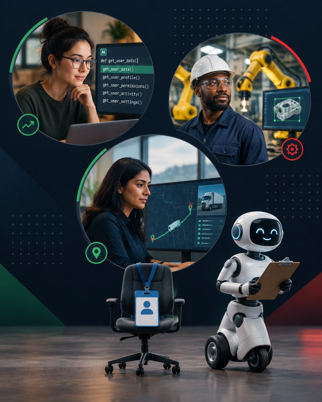 AI-generated image showing coding, factory automation, logistics routing, and an empty employee chair