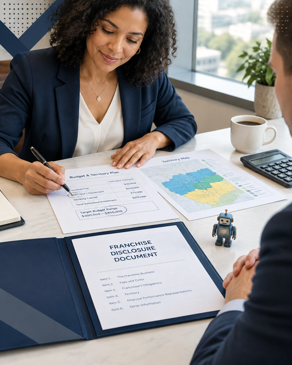 Prospective franchise buyer reviewing an FDD, budget boundaries, territory map, and investment details with an advisor