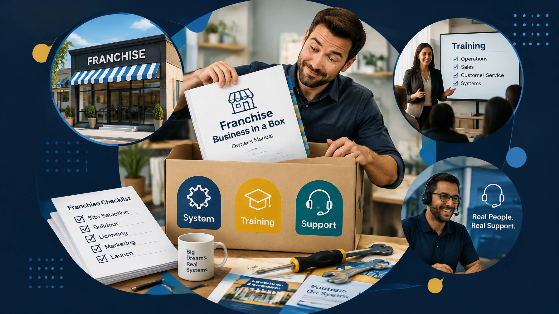 Entrepreneur assembling an oversized franchise instruction manual labeled System, Training, and Support