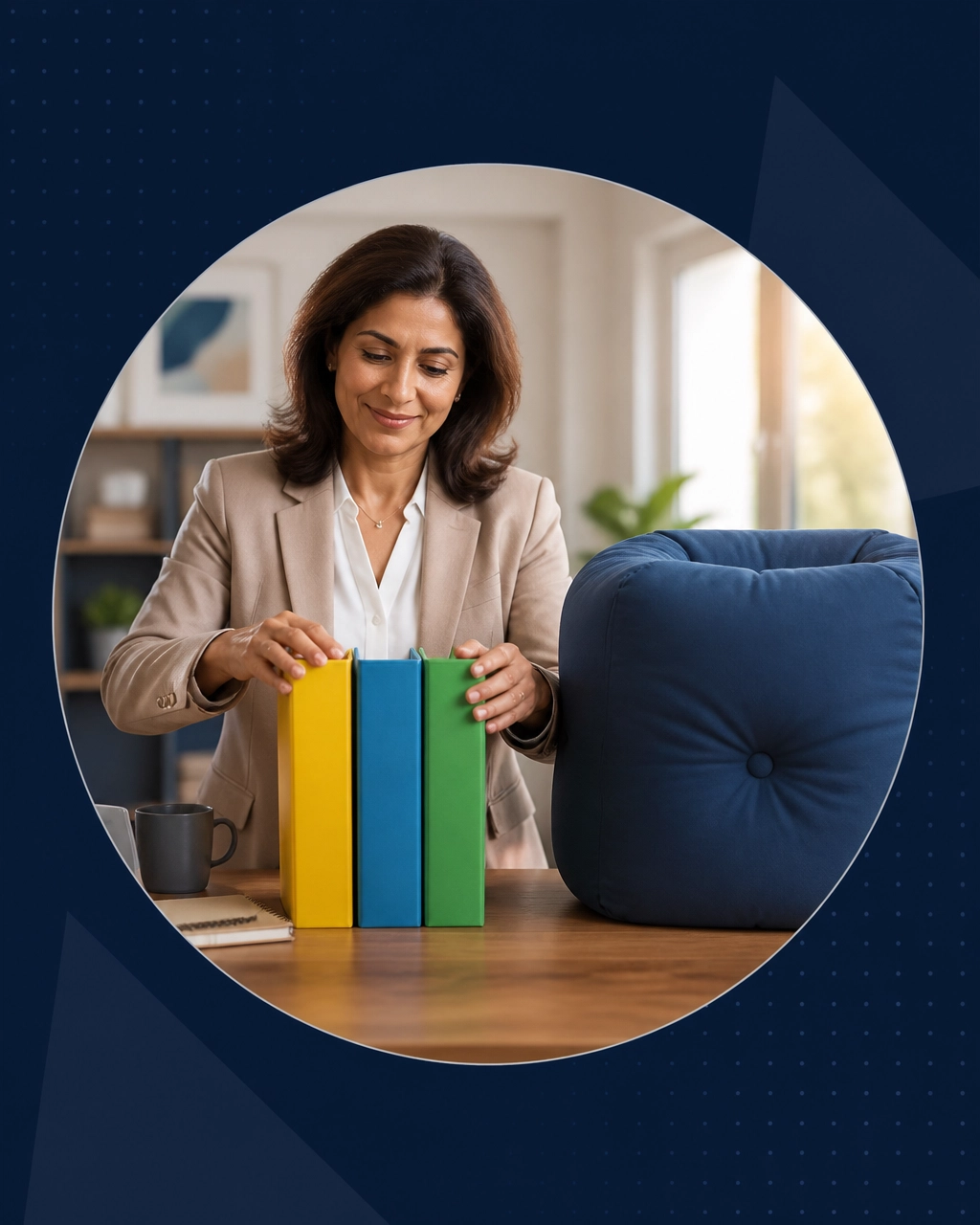 A professional woman organizes colorful business folders beside an oversized emergency cushion, representing personal reserves, startup capital, and working capital