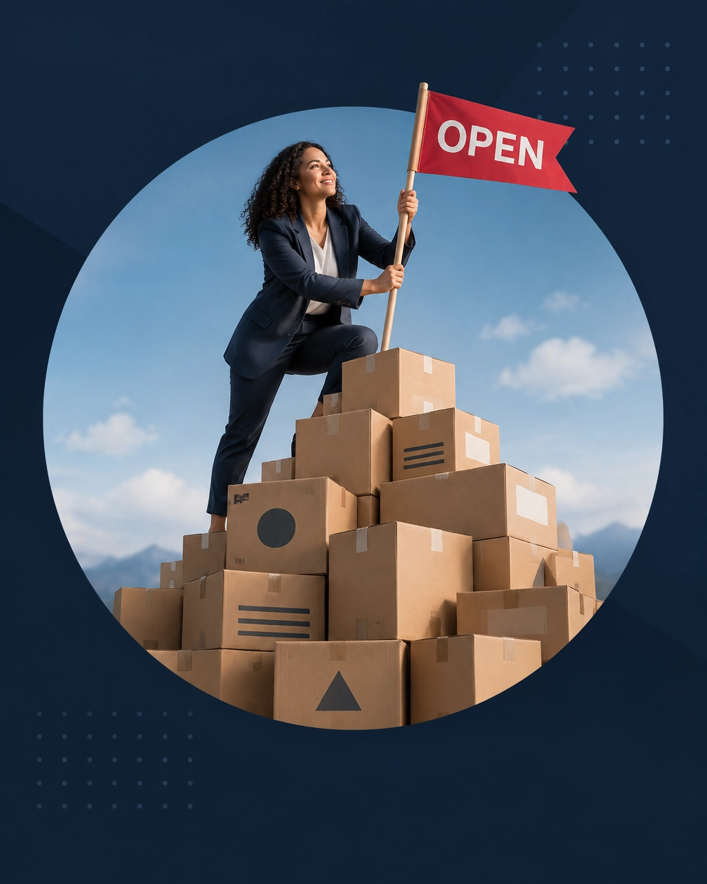 Professional woman planting an OPEN flag on a mountain of cardboard moving boxes