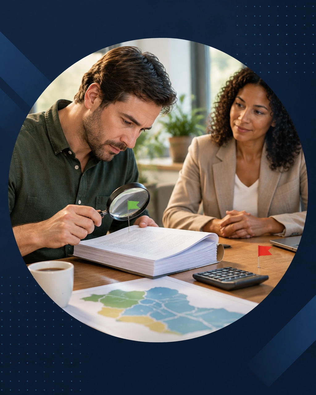 Prospective franchise buyer reviewing an FDD, calculator, territory map, and financial details with a professional advisor