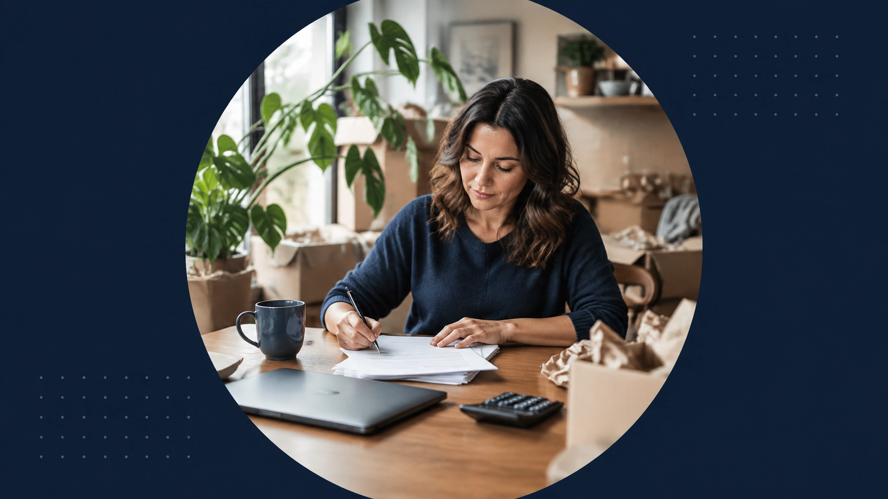 A professional woman signing franchise paperwork at a kitchen table surrounded by moving boxes and a houseplant