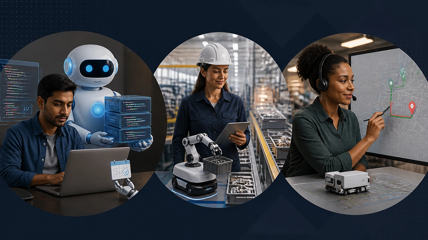 IT, manufacturing, and logistics professionals working alongside automation systems