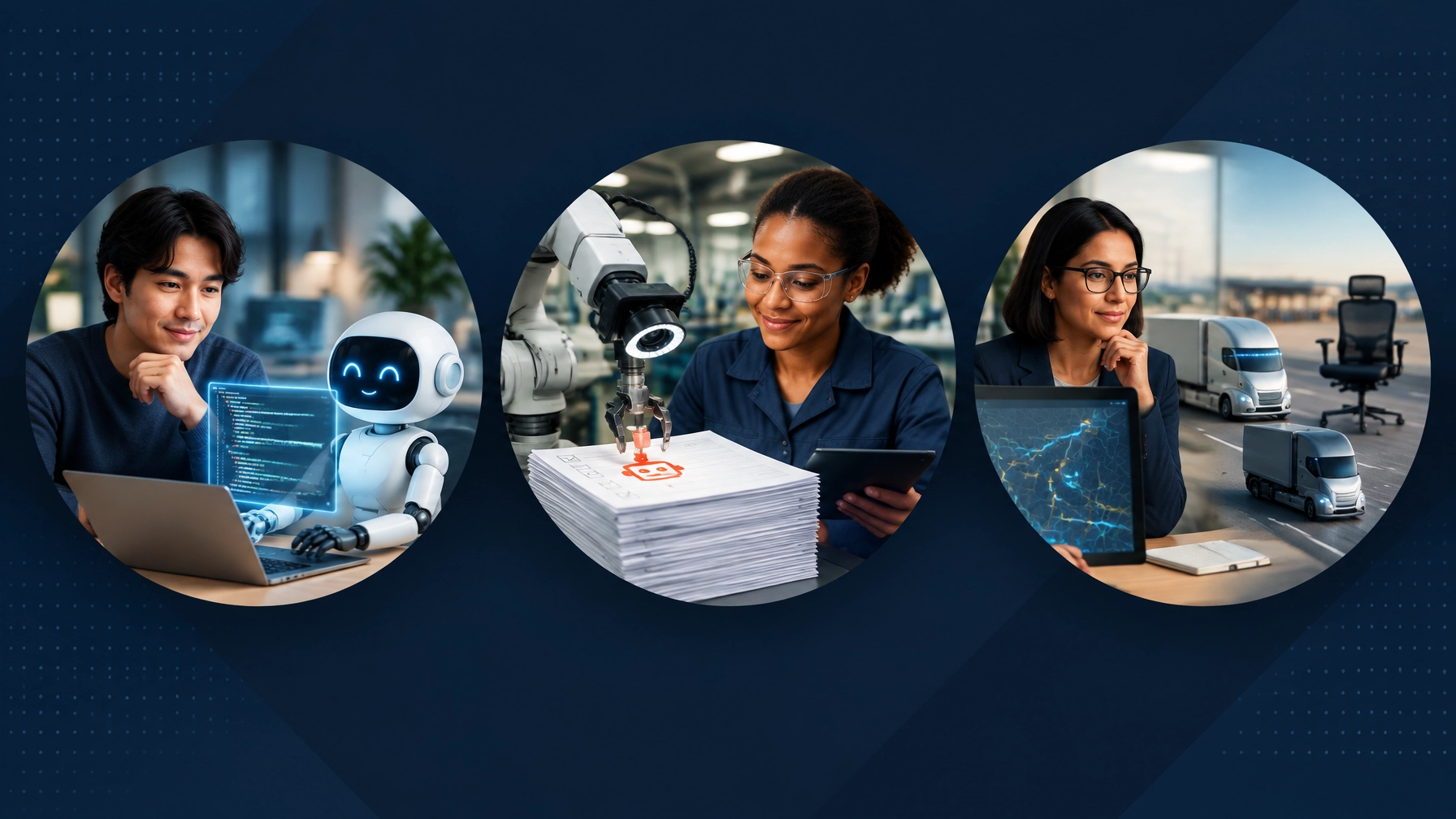 Three professionals in circular scenes representing software development, manufacturing inspection, and autonomous trucking
