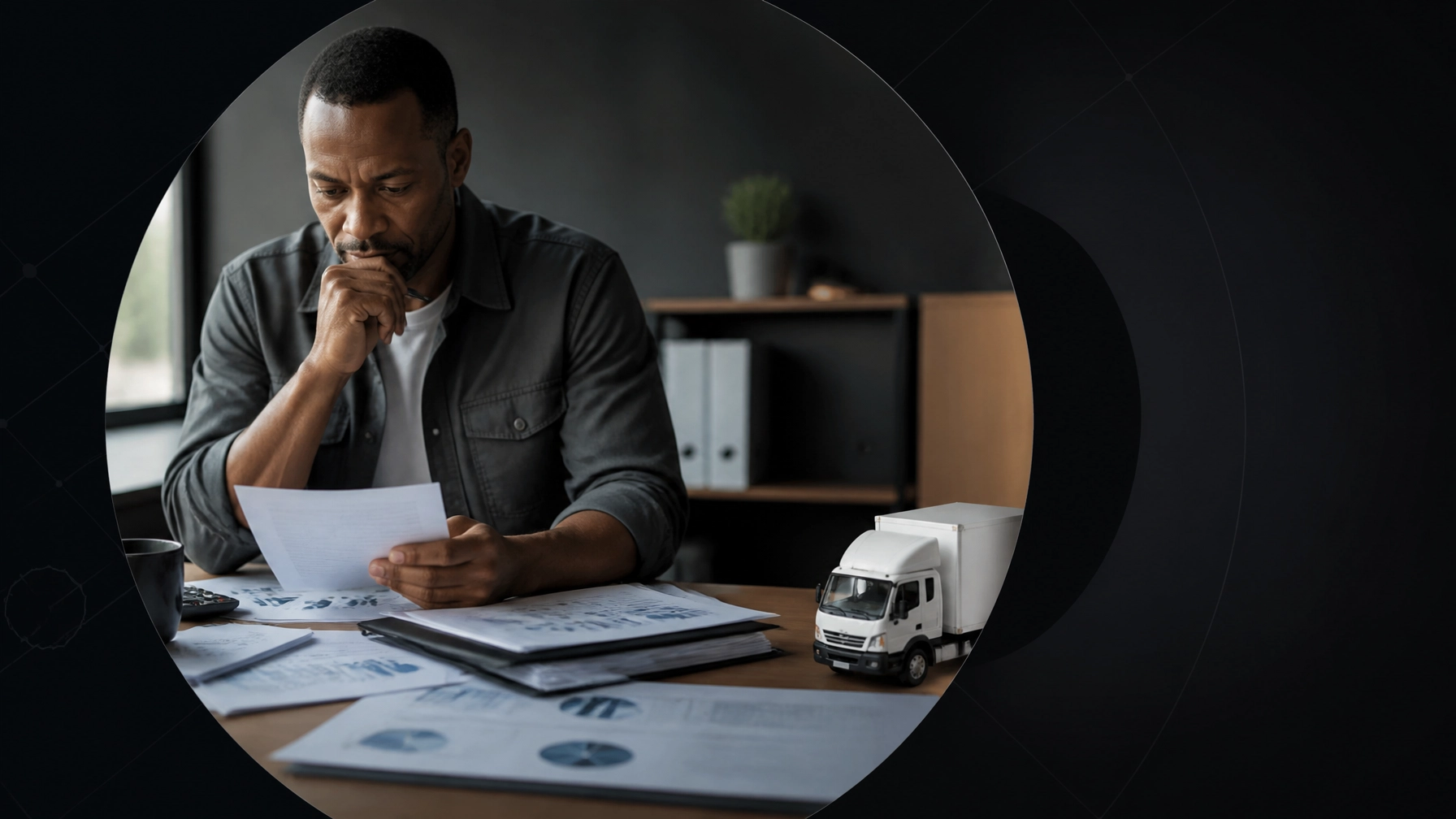 Trucking/logistics professional evaluating a transition toward business ownership beside a toy truck visual metaphor