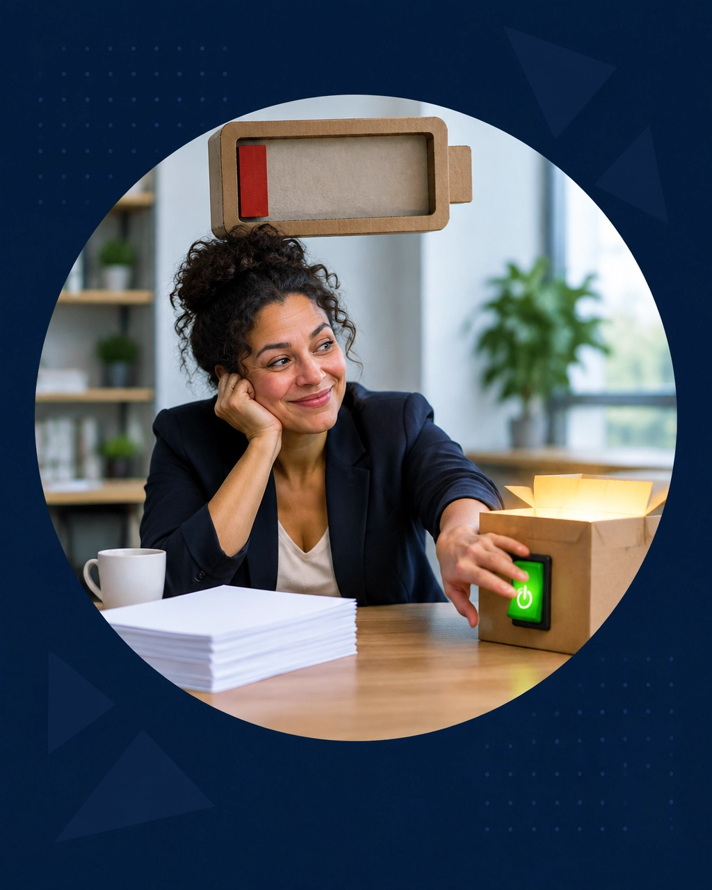 A burned-out professional reaching from a stack of paperwork toward a glowing business box with a green power switch