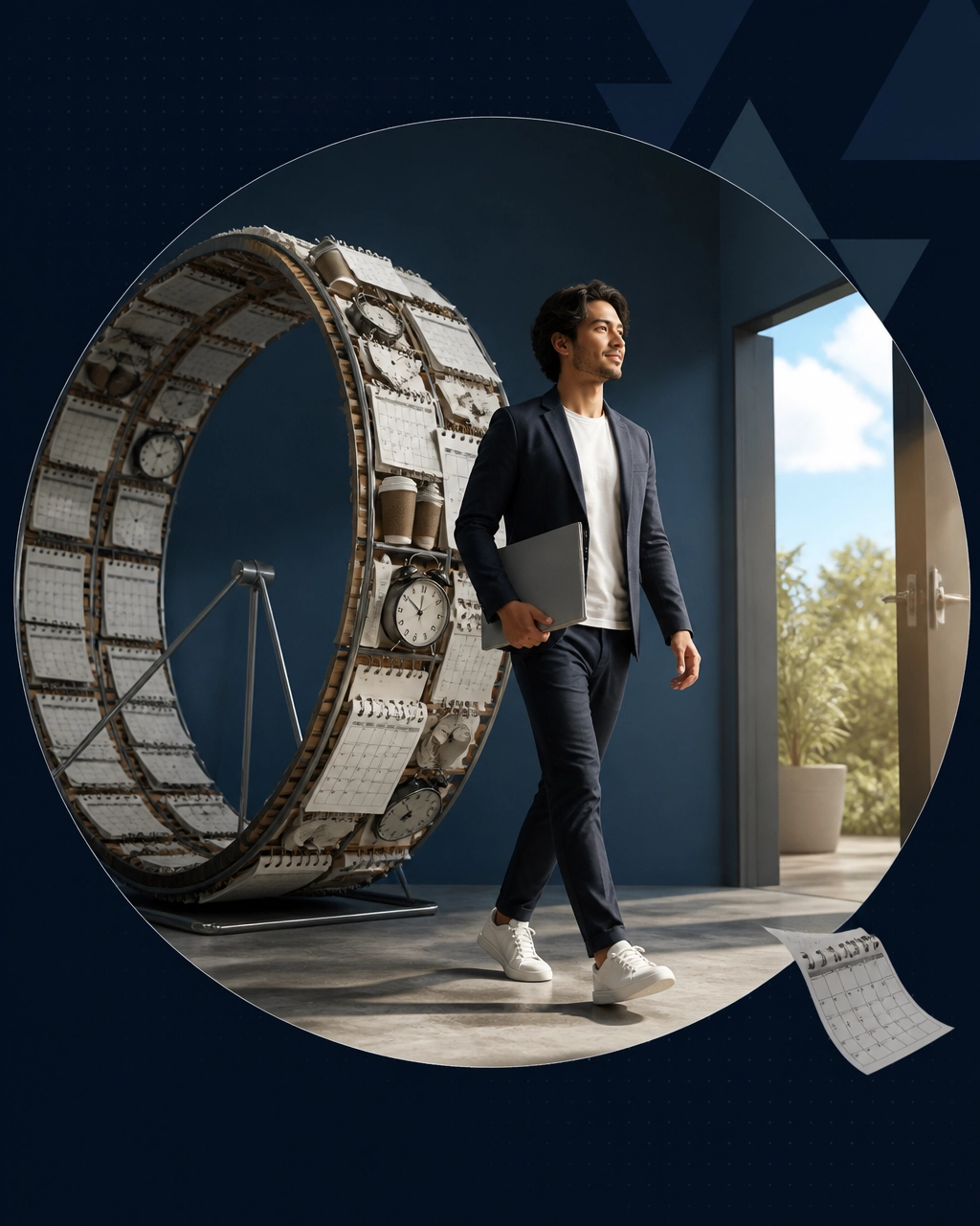 A focused entrepreneur steps away from an oversized hamster wheel made of calendars, clocks, and coffee cups toward an open doorway
