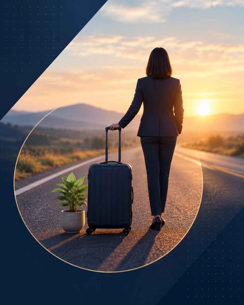 Professional woman walking beside a suitcase and potted plant on an open road at sunrise, symbolizing respectful new growth