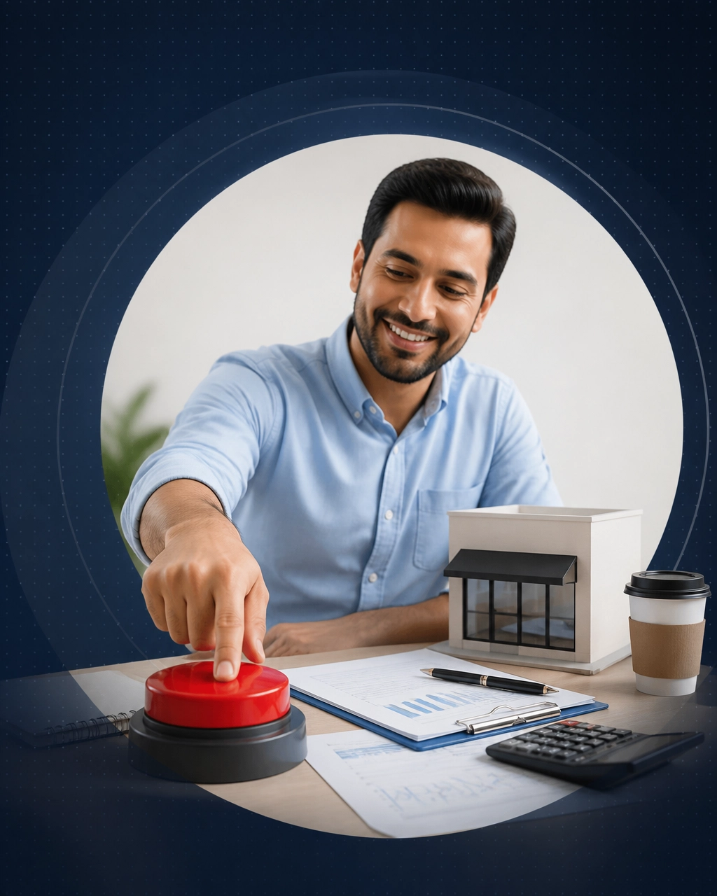 Professional man pressing a large reset button beside franchise planning materials and a storefront model