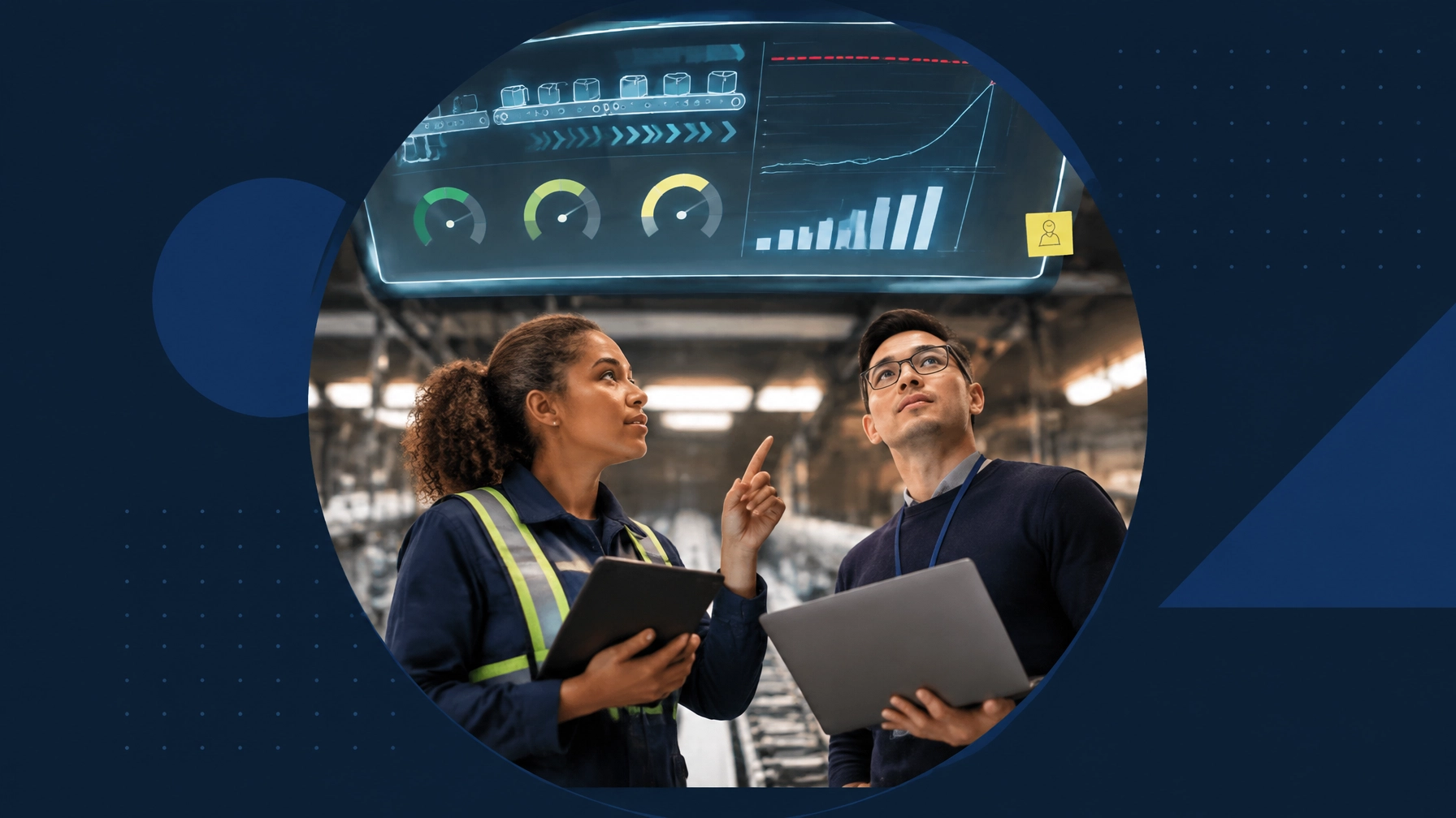 Manufacturing and technology professionals review an algorithmic dashboard that controls quotas and performance metrics