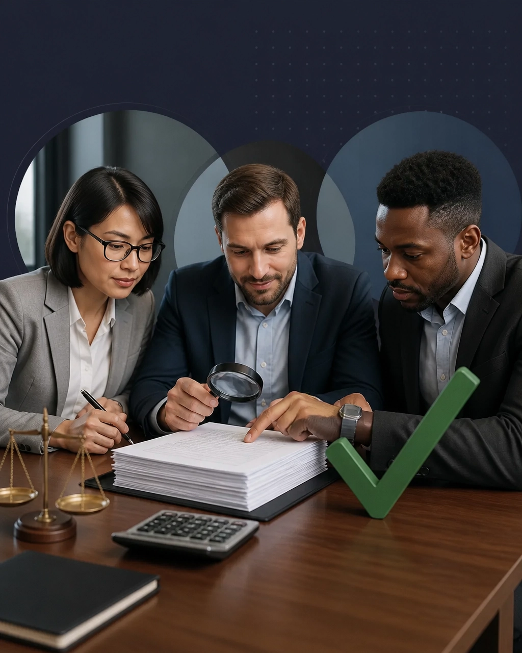 Three diverse professionals examining a Franchise Disclosure Document with a magnifying glass, calculator, balance scale, and oversized green checkmark